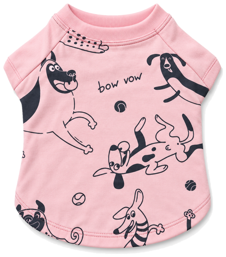 Camiseta pet rosa com estampa de cachorrinhos divertidos em preto
